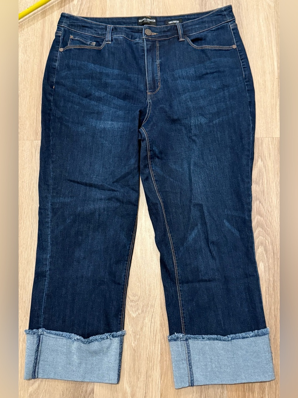Susan Graver Girlfriend Jeans Womens 14 Dark Wash Cuffed Cropped Stretch Denim
